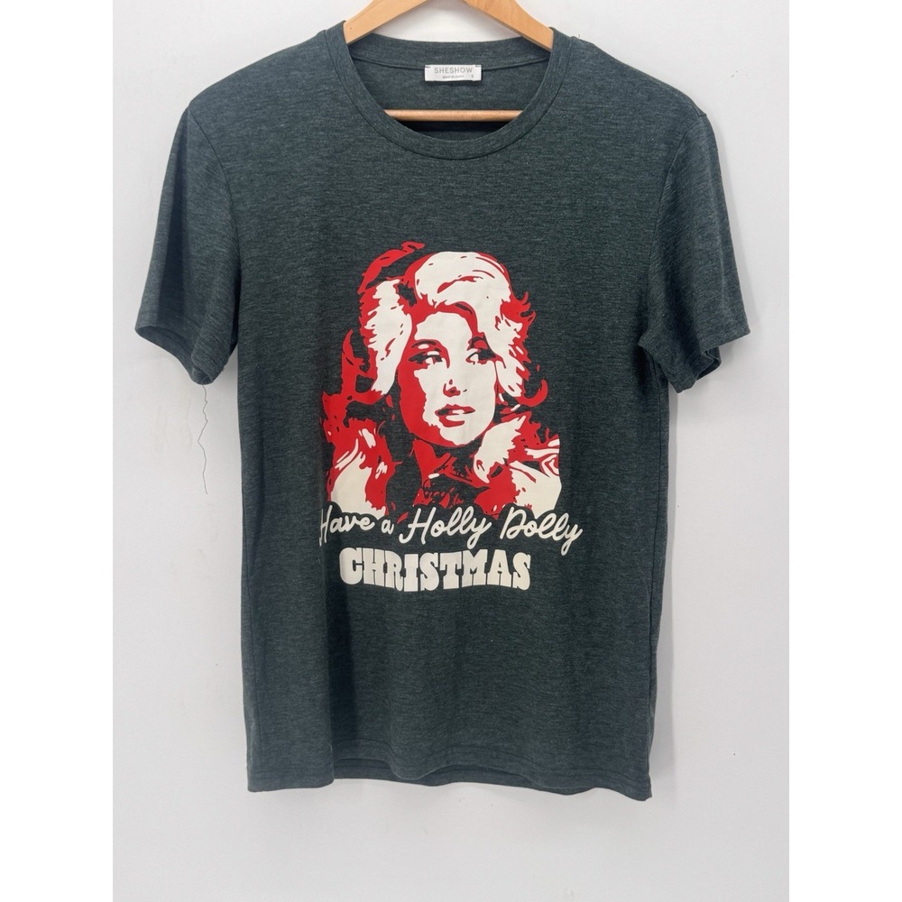 SheShow "Have a Holly Dolly Christmas" Graphic Tee — Charcoal Heather — Size S